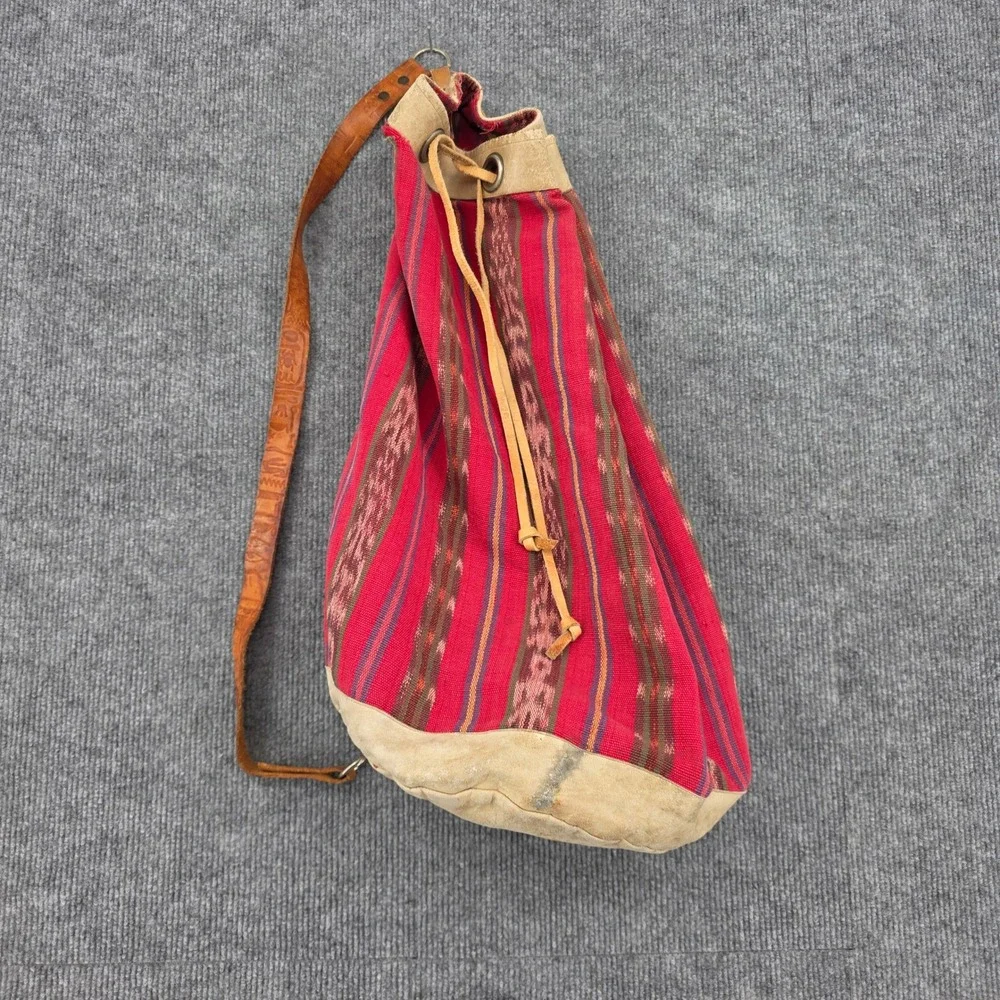 Salsa Ltd Handwoven Cotton Bucket Bag Red Striped Leather Strap Guatemala